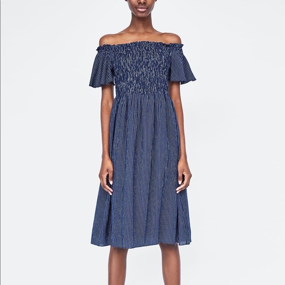 zara striped off the shoulder dress Outfit: Zara off-shoulder dress, Zinda platform sandals